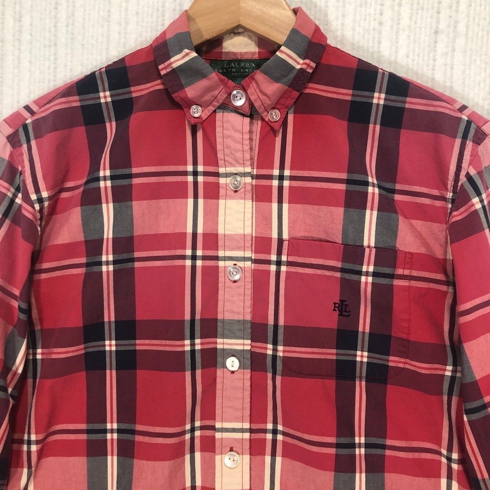 Lauren Ralph Lauren Petite Plaid Button Down Shirt Red Blue Tan Women's P/S‎